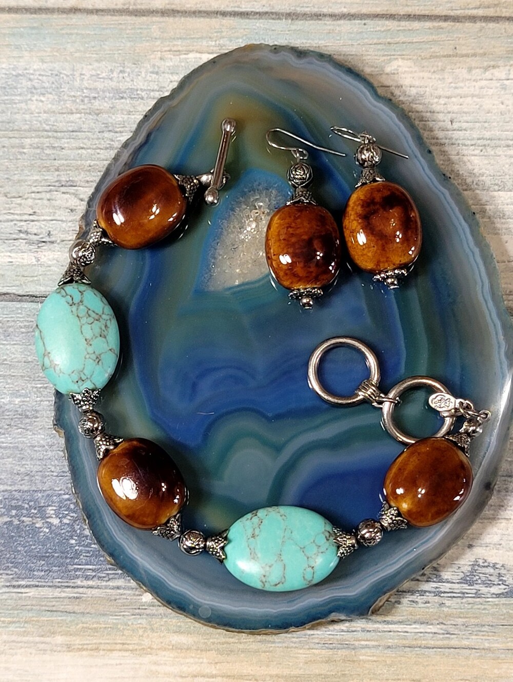 Premier Design Turquoise and Brown Bead Bracelet & Earring Set - Women Jewelry